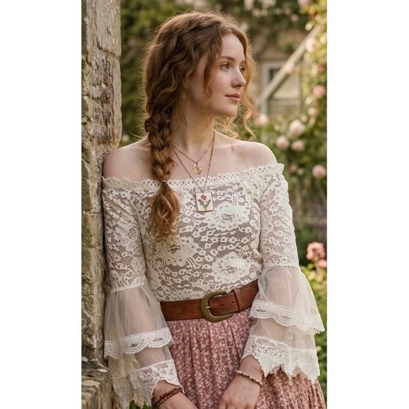 None Tops - Boho White Lace Top Off Shoulder XS Crop Bell Sleeve Sheer Romantic Cottagecore